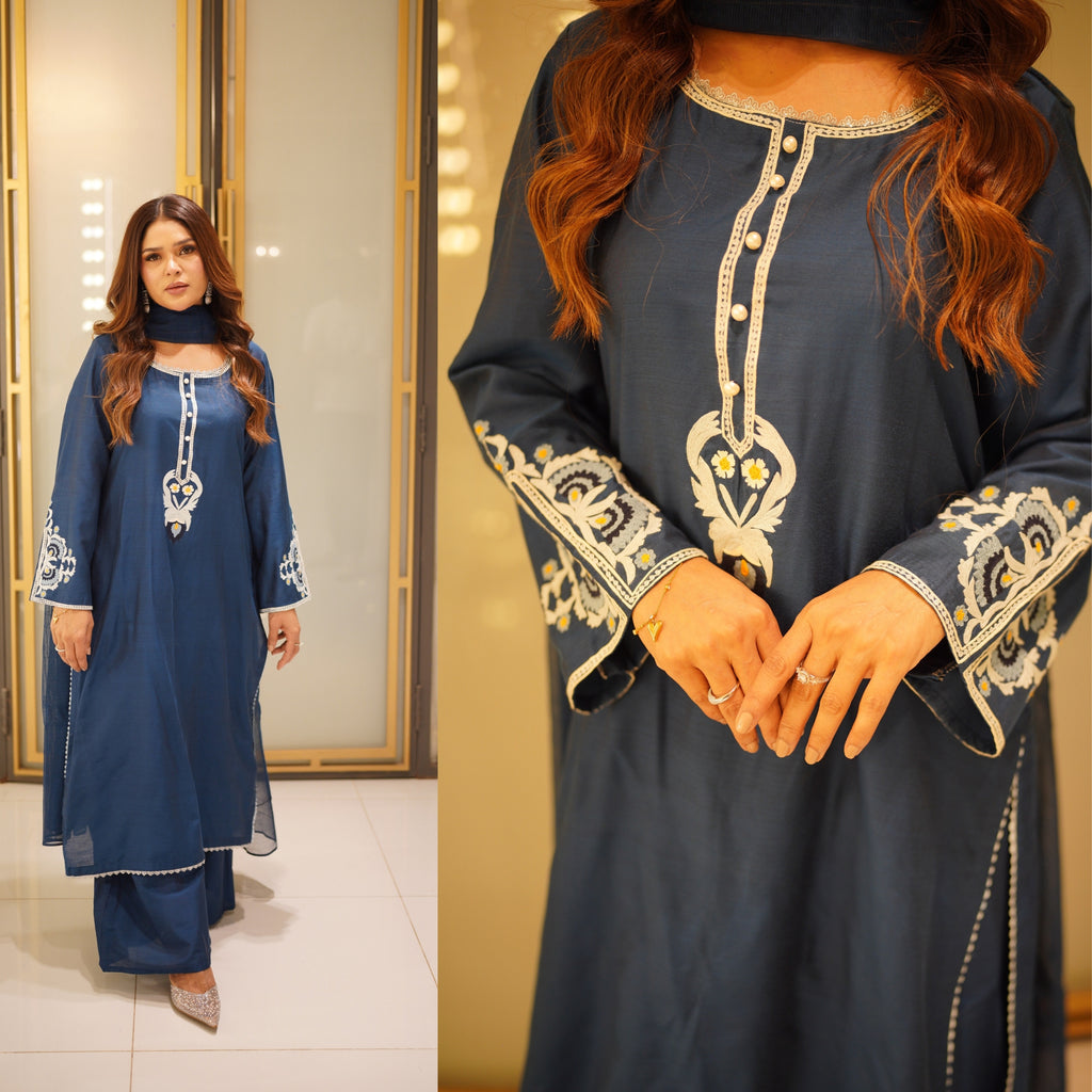 Azure Royale — Cotton Silk 3-Piece Suit with Khaddi Net Dupatta
