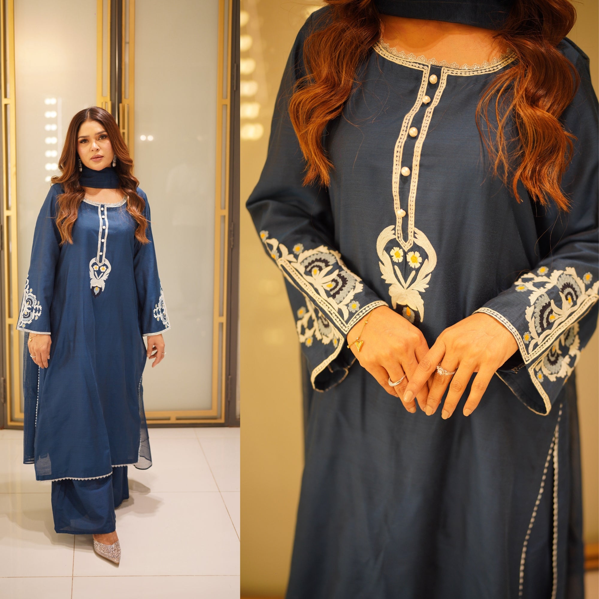 Azure Royale — Cotton Silk 3-Piece Suit with Khaddi Net Dupatta