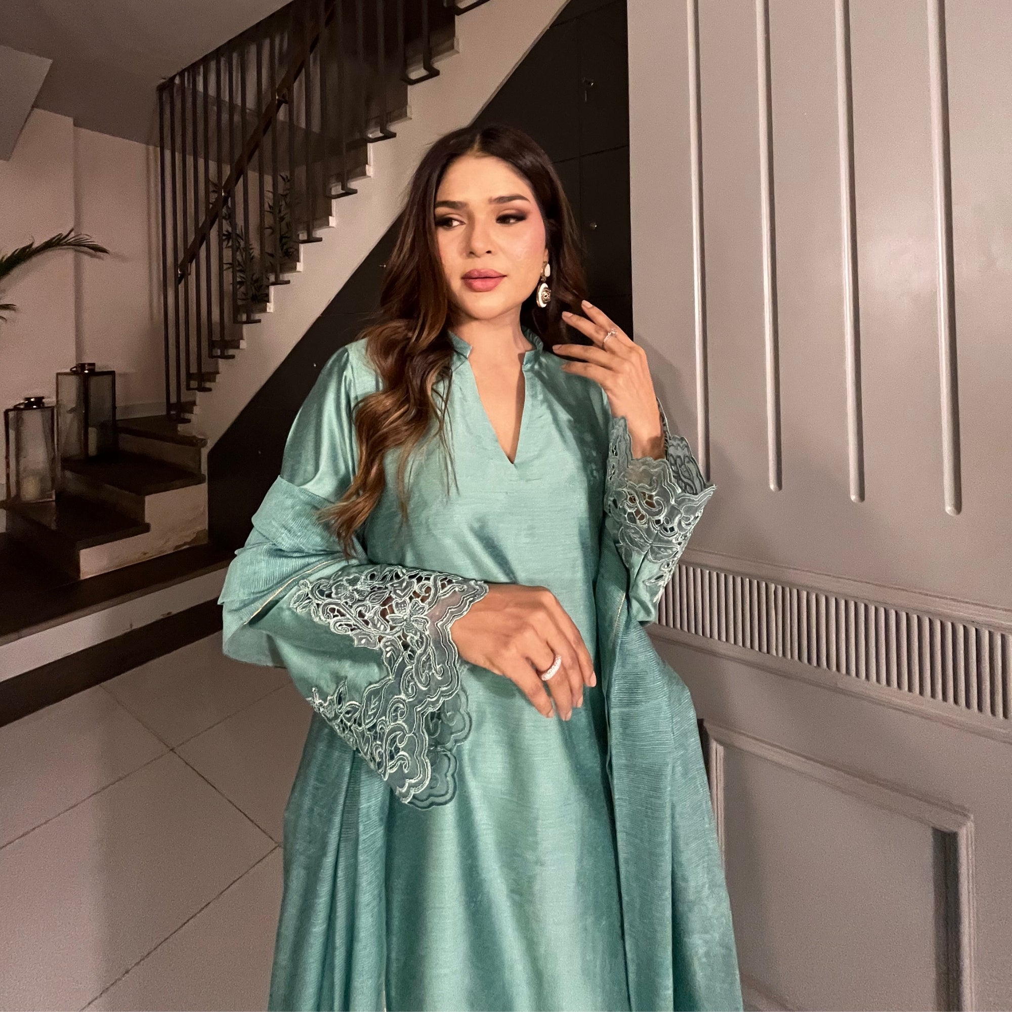 Jade Sérénade — Sage Teal Cotton Silk Suit with Khadi Net Dupatta