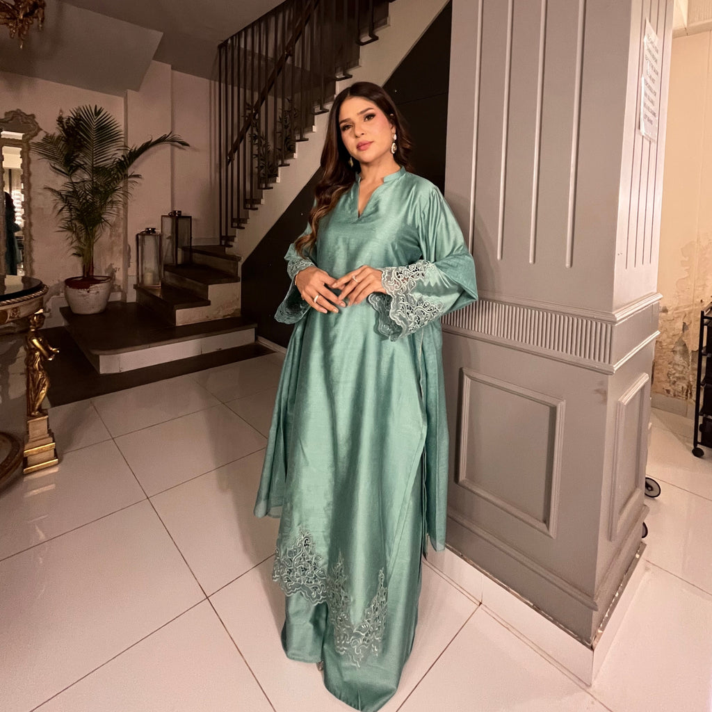 Jade Sérénade — Sage Teal Cotton Silk Suit with Khadi Net Dupatta
