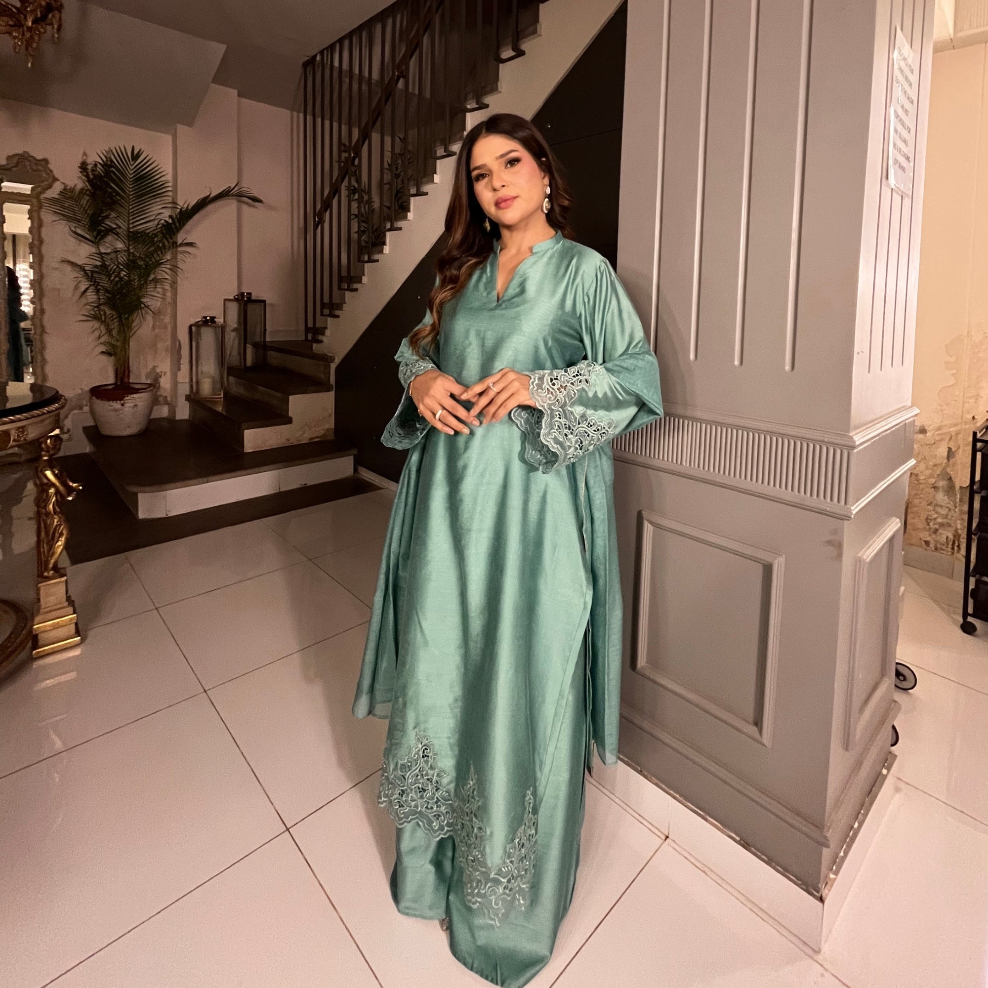 Jade Sérénade — Sage Teal Cotton Silk Suit with Khadi Net Dupatta