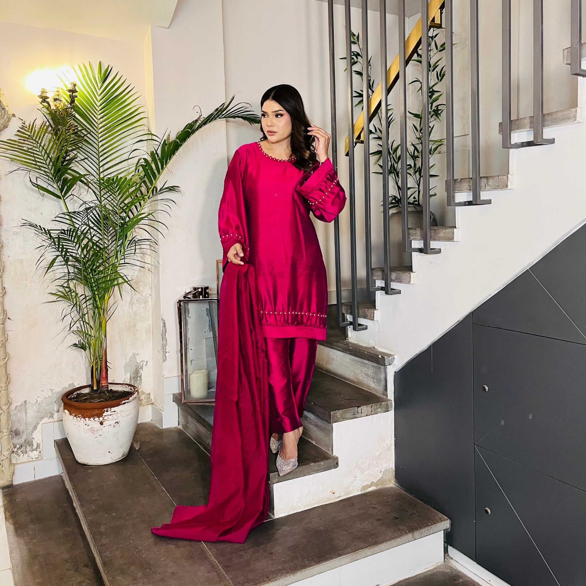Pure Cotton Silk 3-Piece Suit | Beaded Neckline | Festive & Wedding Wear