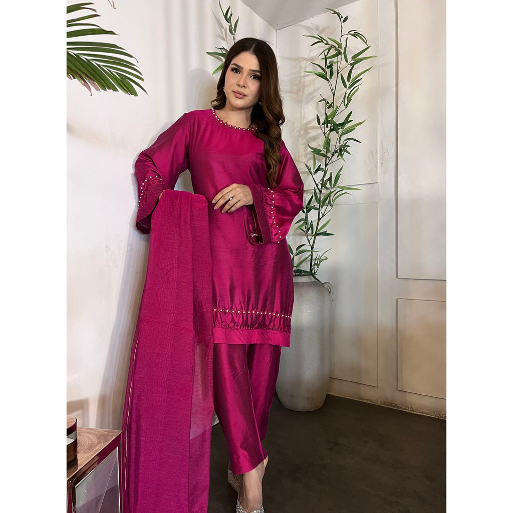 Pure Cotton Silk 3-Piece Suit | Beaded Neckline | Festive & Wedding Wear