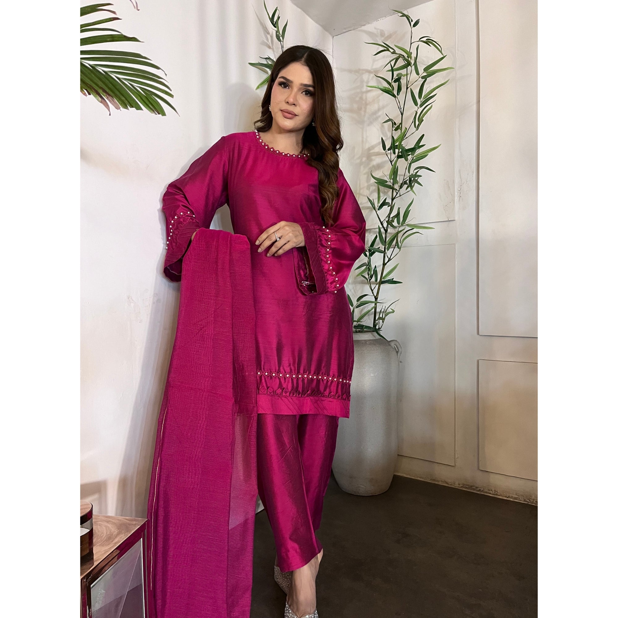 Pure Cotton Silk 3-Piece Suit | Beaded Neckline | Festive & Wedding Wear