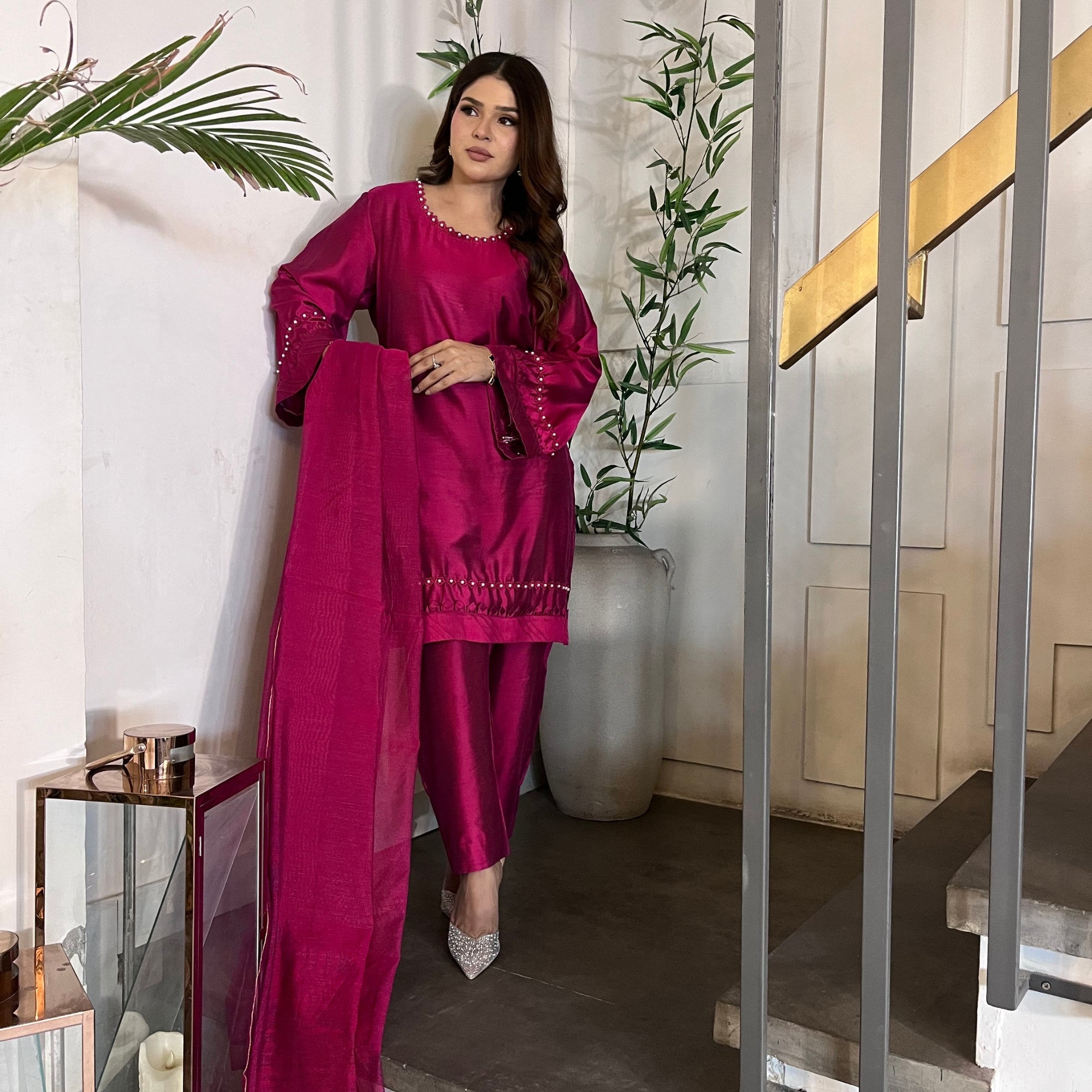 Pure Cotton Silk 3-Piece Suit | Beaded Neckline | Festive & Wedding Wear