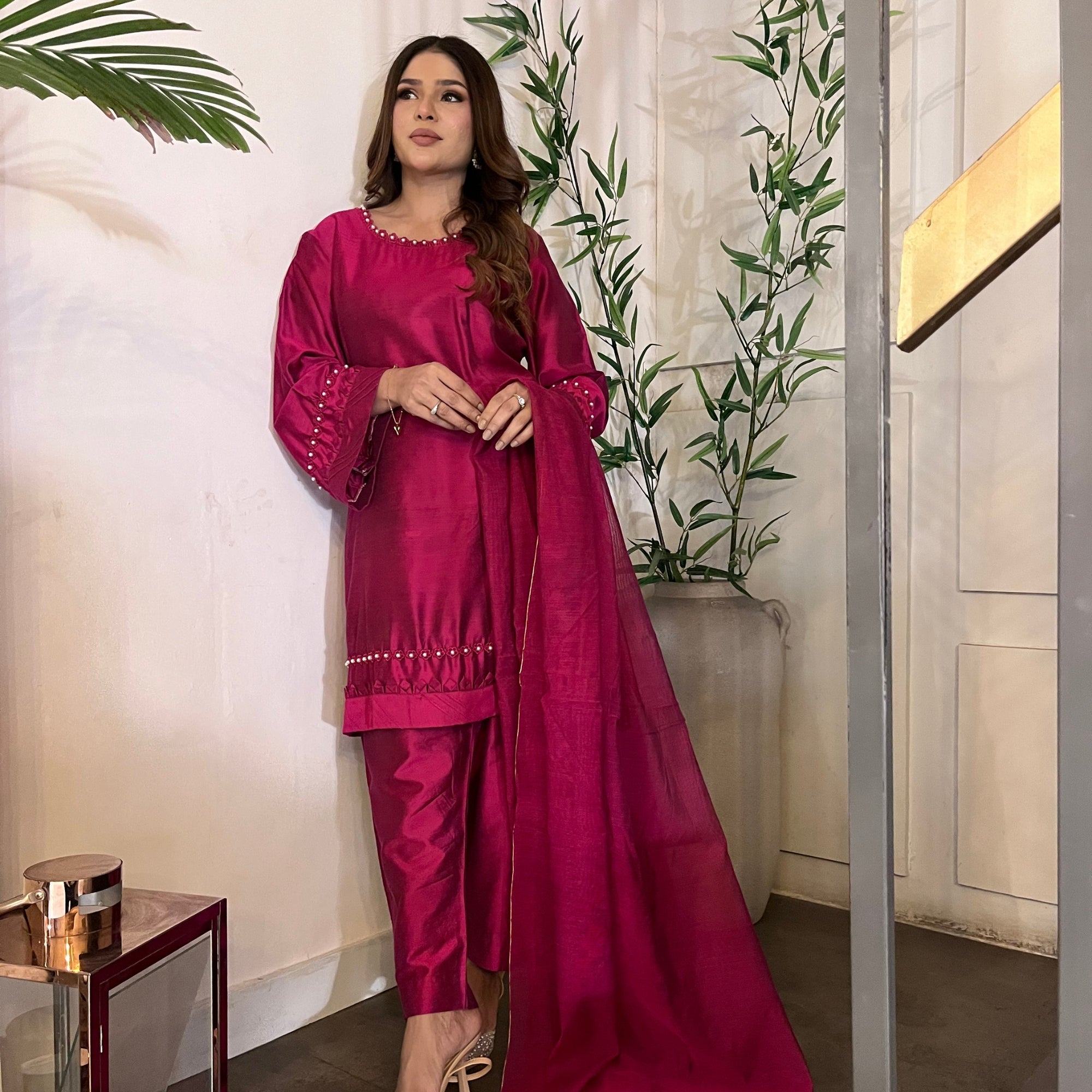 Pure Cotton Silk 3-Piece Suit | Beaded Neckline | Festive & Wedding Wear