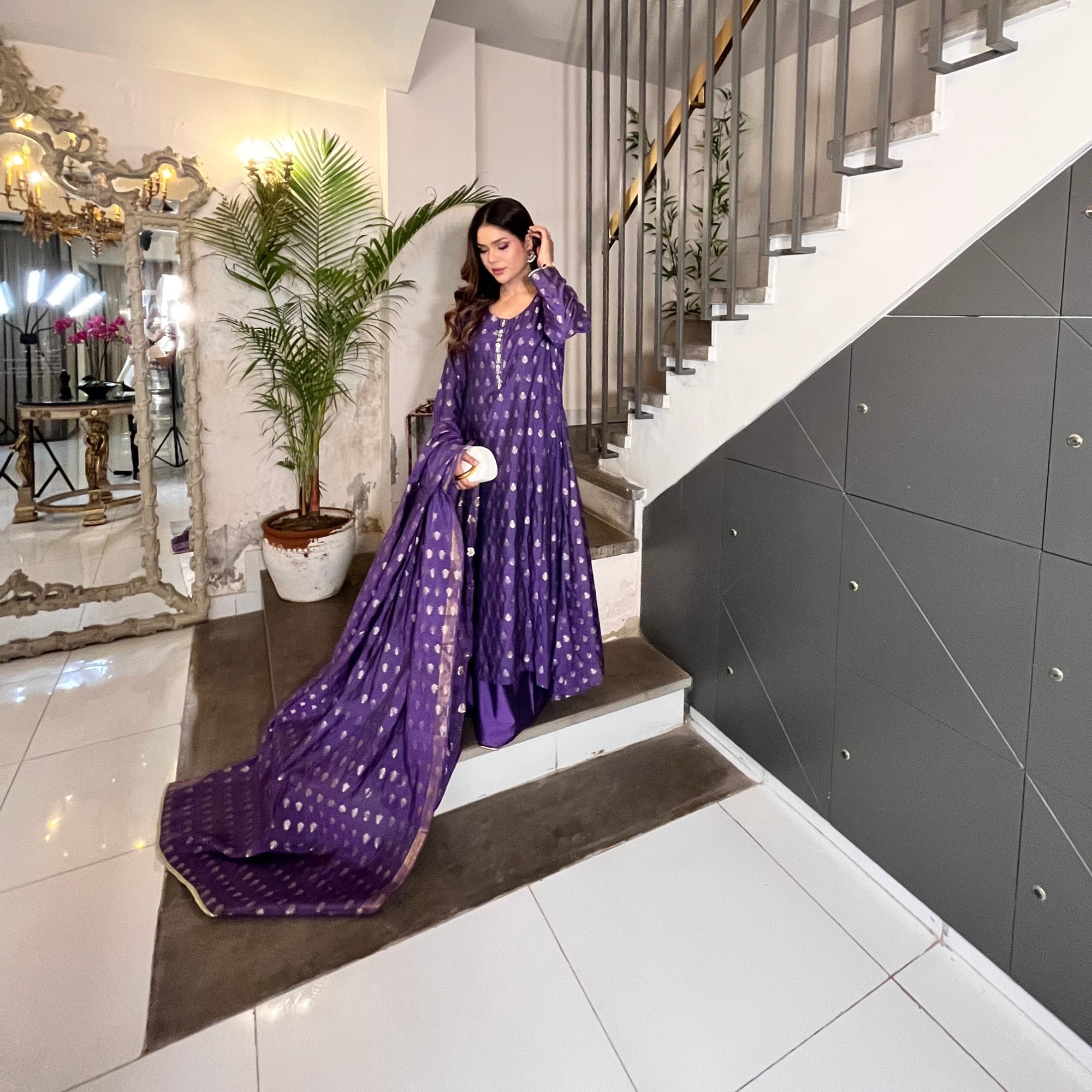 Purple Cotton Banarsi Frock with Zari Booti Dupatta | Stone Work Neckline