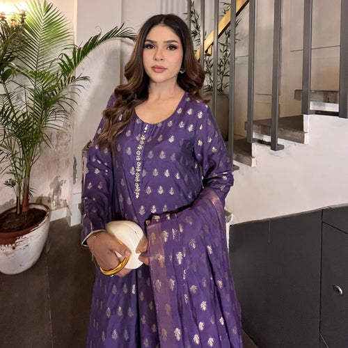 Purple Cotton Banarsi Frock with Zari Booti Dupatta | Stone Work Neckline