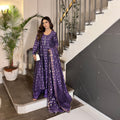 Purple Cotton Banarsi Frock with Zari Booti Dupatta | Stone Work Neckline
