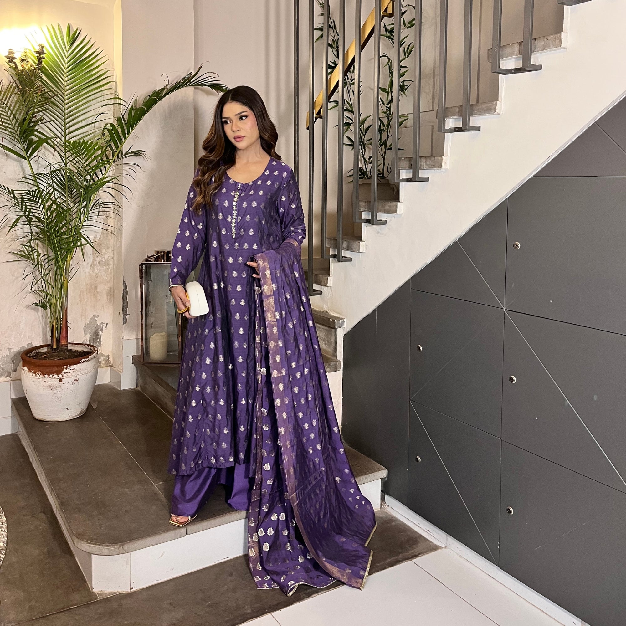 Purple Cotton Banarsi Frock with Zari Booti Dupatta | Stone Work Neckline
