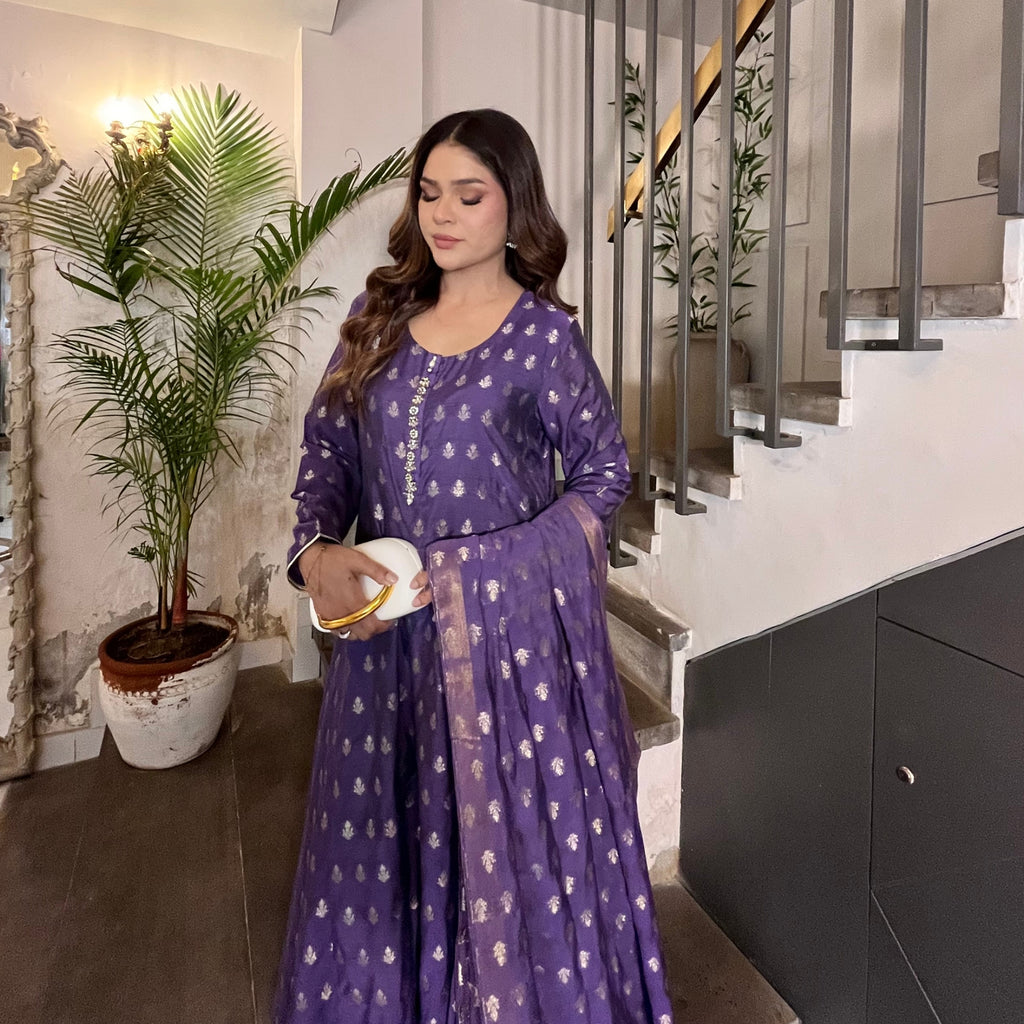 Purple Cotton Banarsi Frock with Zari Booti Dupatta | Stone Work Neckline