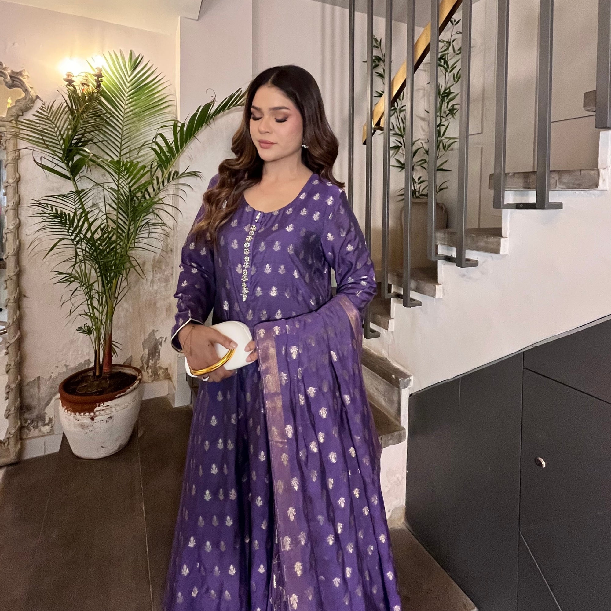 Purple Cotton Banarsi Frock with Zari Booti Dupatta | Stone Work Neckline