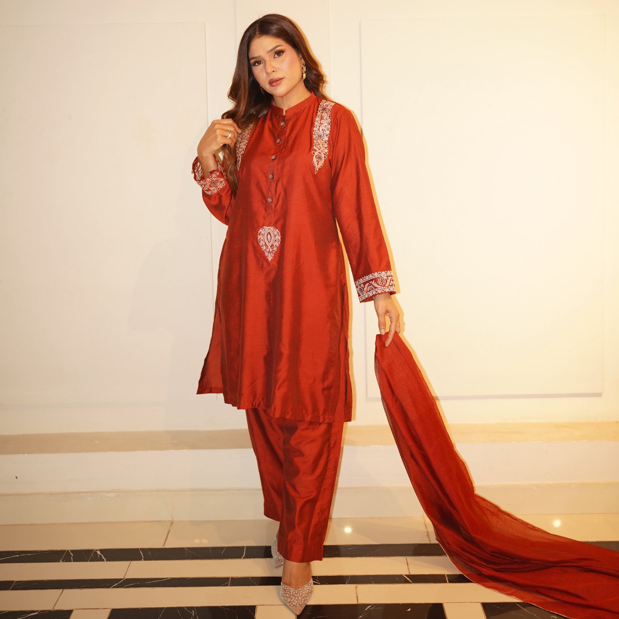Rust Royale — Cotton Silk 3-Piece Suit with Khaddi Net Dupatta
