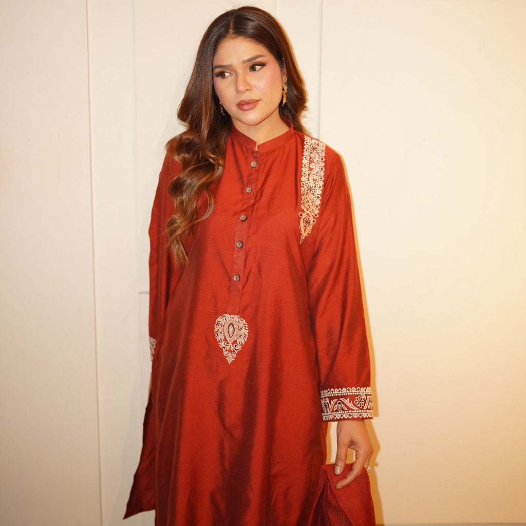Rust Royale — Cotton Silk 3-Piece Suit with Khaddi Net Dupatta