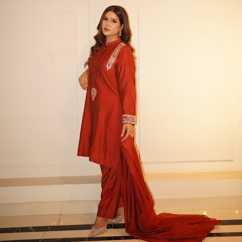Rust Royale — Cotton Silk 3-Piece Suit with Khaddi Net Dupatta